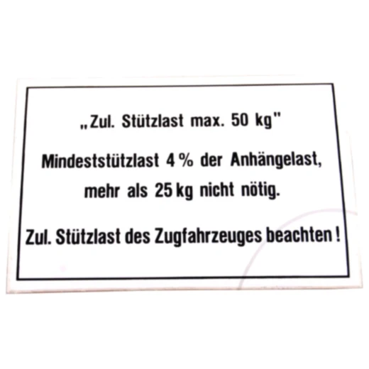 Stützlastschild für Anhänger 50KG 105 x 74 mm