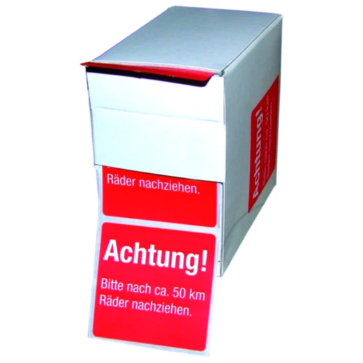 JM Hinweis-Etiketten "Räder nachziehen!" 200 Stück Spenderbox