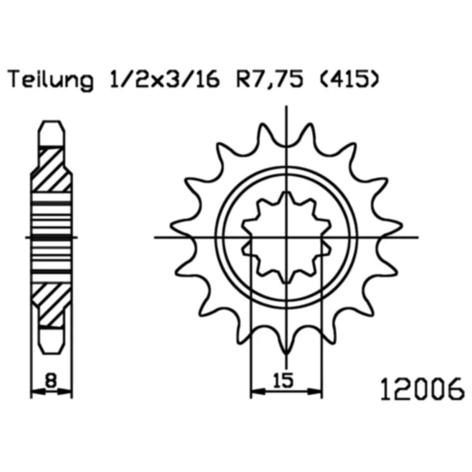 Ritzel 15Z Teilung 415 feinverzahnt Innendurchmesser 15/18 passend für: Aprilia RX, Red Rose, RS
