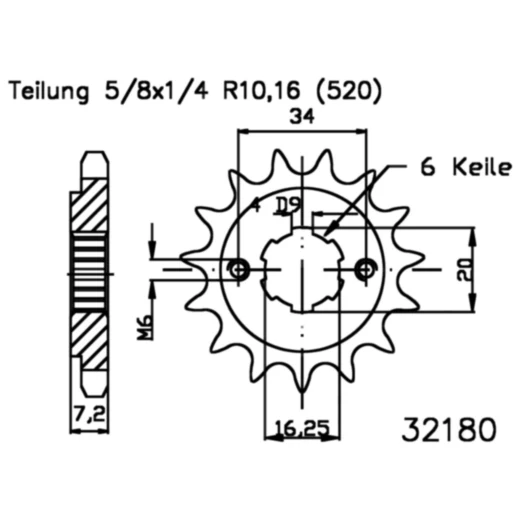 Ritzel 13Z Teilung 520 grobverzahnt 6 Innendurchmesser 16. 2/20 passend für: SYM Wolf, CR