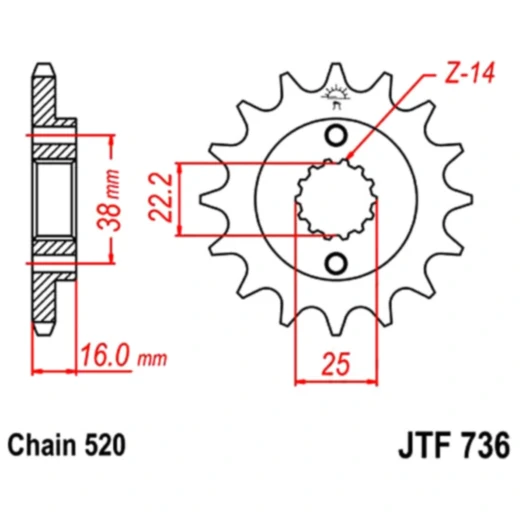Ritzel 16Z Teilung 520 feinverzahnt Innendurchmesser 22/25 passend für: Ducati Monster, Scrambler, Supersport