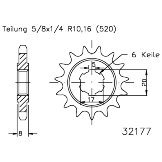 Ritzel 09Z Teilung 520 grobverzahnt 5 Innendurchmesser 17/20 passend für: Sherco Trial, X - Ride