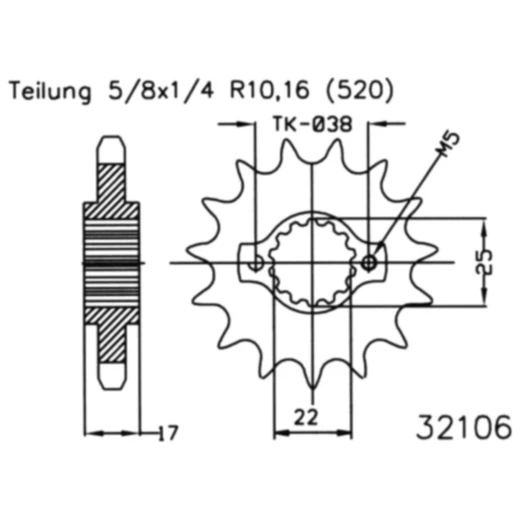 Ritzel 15Z Teilung 520 feinverzahnt Innendurchmesser 22/25 passend für: Ducati Monster