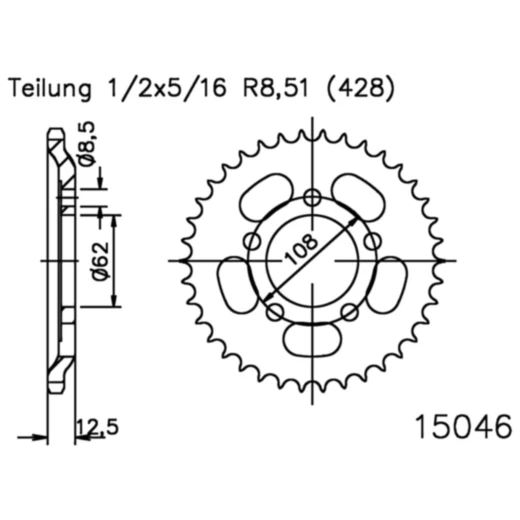 Kettenrad 49Z Teilung 428 Innendurchmesser 062 Lochkreis 108 passend für: MZ/MUZ RT