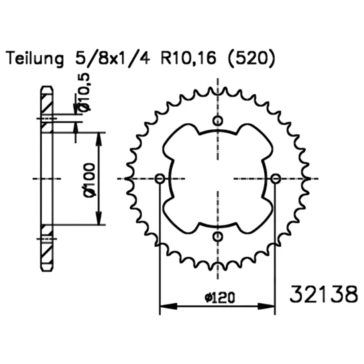 Kettenrad 38Z Teilung 520 Innendurchmesser 100 Lochkreis 120 passend für: Explorer Trasher 2
