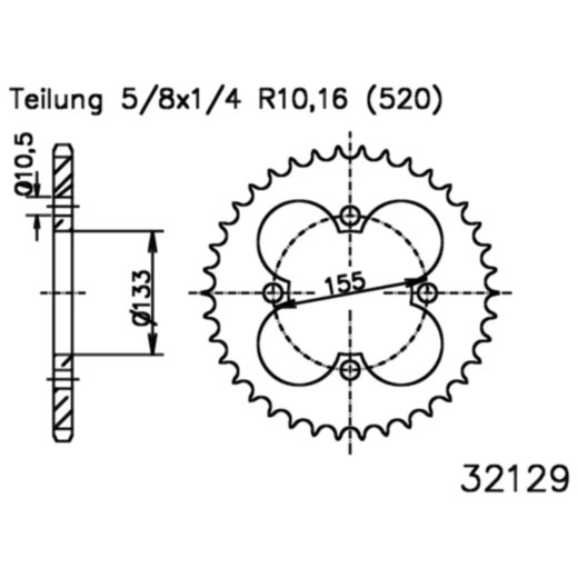 Kettenrad 38Z Teilung 520 schwarz Innendurchmesser 133 Lochkreis 155 passend für: Polaris Outlaw
