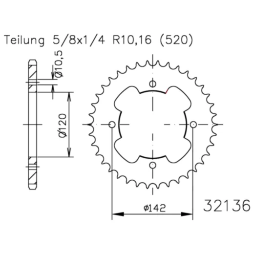 Kettenrad 38Z Teilung 520 schwarz Innendurchmesser 120 Lochkreis 142 passend für: CAN - AM DS