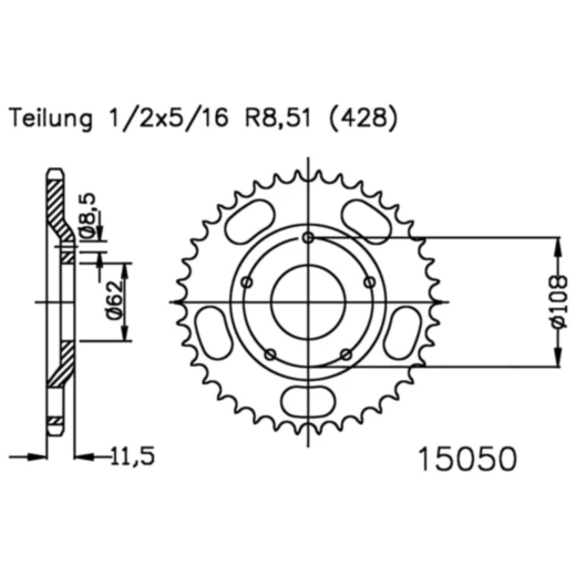 Kettenrad 53Z Teilung 428 Innendurchmesser 062 Lochkreis 108 passend für: Sachs XTC, X - Road