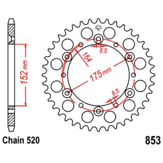Kettenrad 38Z Teilung 520 Innendurchmesser 152 Lochkreis 175 passend für: Yamaha YFZ, YFM, YFS