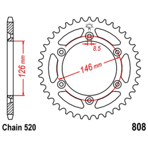 Kettenrad 53Z für Motorräder, Teilung 520, Innendurchmesser 126 mm, Lochkreis 146 mm