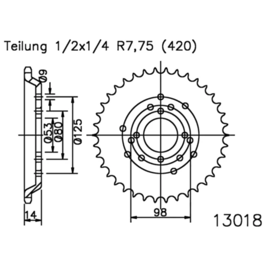 Kettenrad 48Z Teilung 420 schwarz Innendurchmesser 053 Lochkreis 098 passend für: Derbi Fenix
