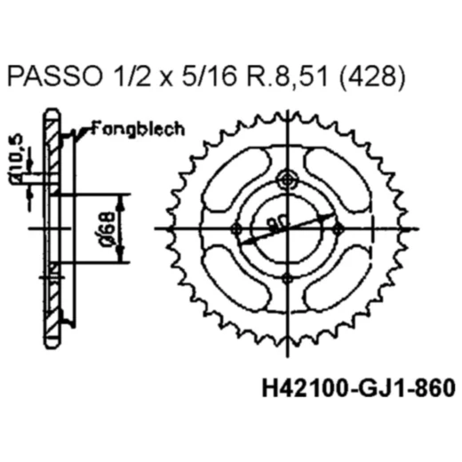 Kettenrad mit Fangblech 45Z Teilung 428 Innendurchmesser 068 Lochkreis 090 passend für: Honda MTX