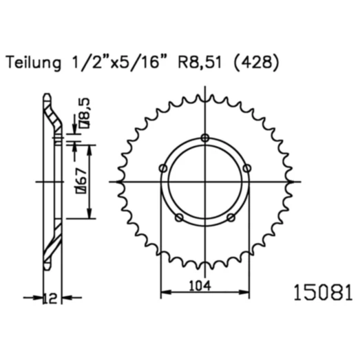 Kettenrad 55Z Teilung 428 Innendurchmesser 067 Lochkreis 104 passend für: Sachs X - Road