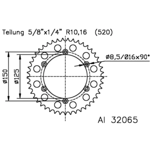 Alu - Kettenrad 44Z Teilung 520 silber Esjot Innendurchmesser 1
