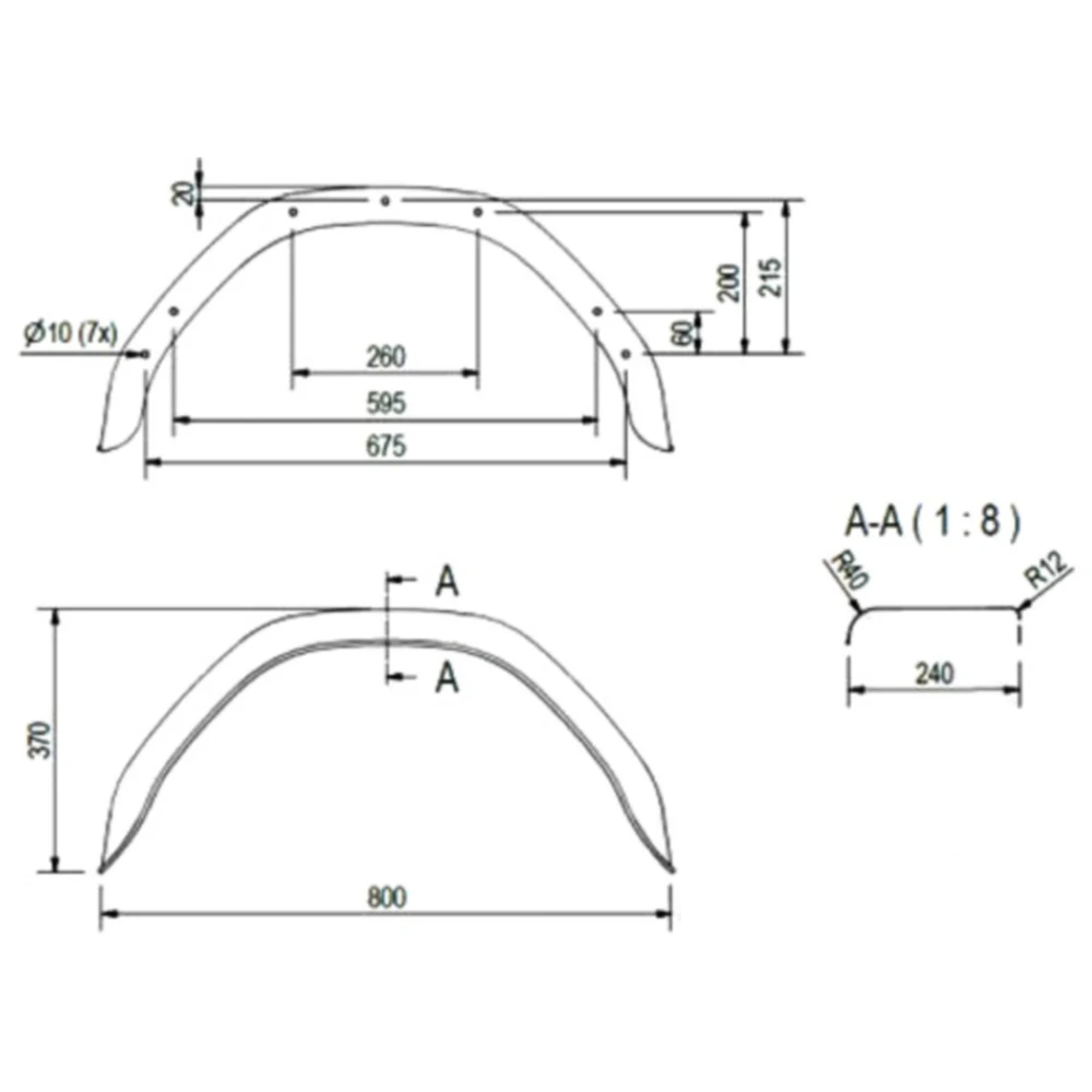 Kotflügel für PKW-Anhänger aus verzinktem Stahl H370 B240 S800_0