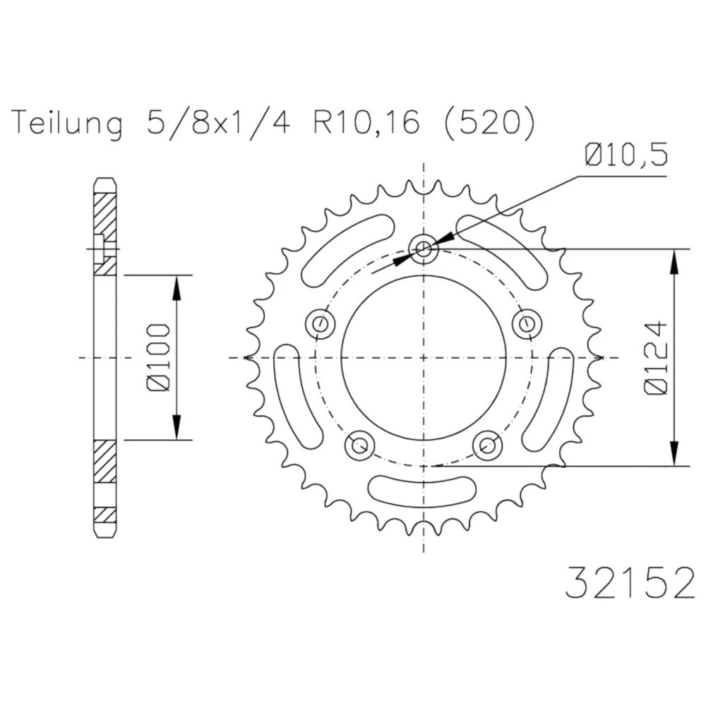 Kettenrad 45Z Teilung 520 schwarz Innendurchmesser 100 Lochkrei
