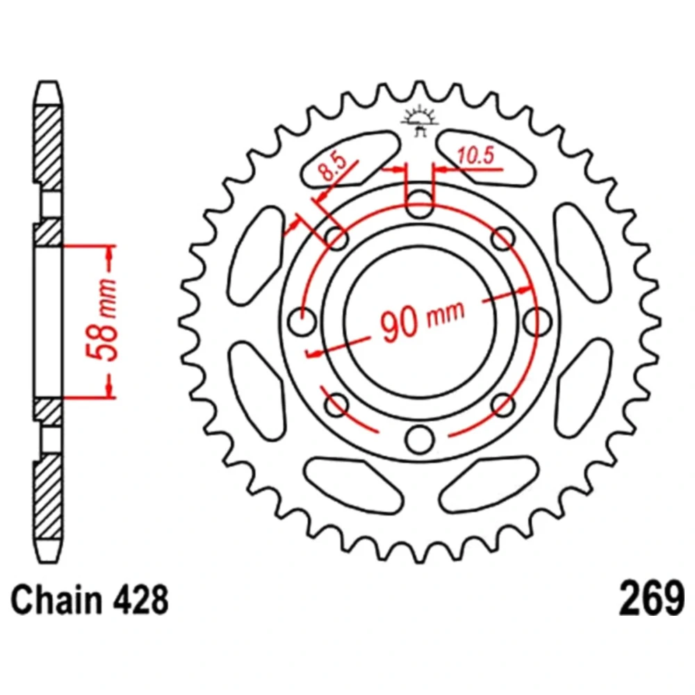 Kettenrad 42Z Teilung 428 Innendurchmesser 058 Lochkreis 090 pa