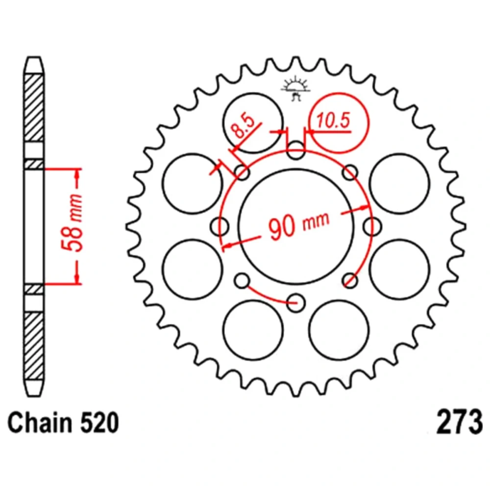 Kettenrad 45Z Teilung 520 Innendurchmesser 058 Lochkreis 090 pa