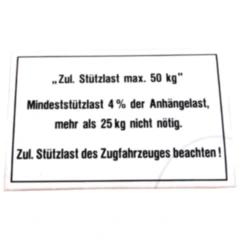 Stützlastschild für Anhänger 50KG 105 x 74 mm