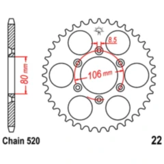 Kettenrad 45Z Teilung 520 Innendurchmesser 080 Lochkreis 106 passend für: Aprilia RX, SX, MX