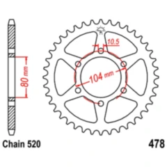 Kettenrad 40Z Teilung 520 Innendurchmesser 080 Lochkreis 104 passend für: Kawasaki Z, ZX - 6R, KLE